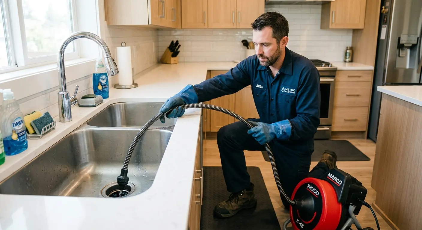 Drain cleaning technician using a motorized snake on a kitchen sink in Streetsboro