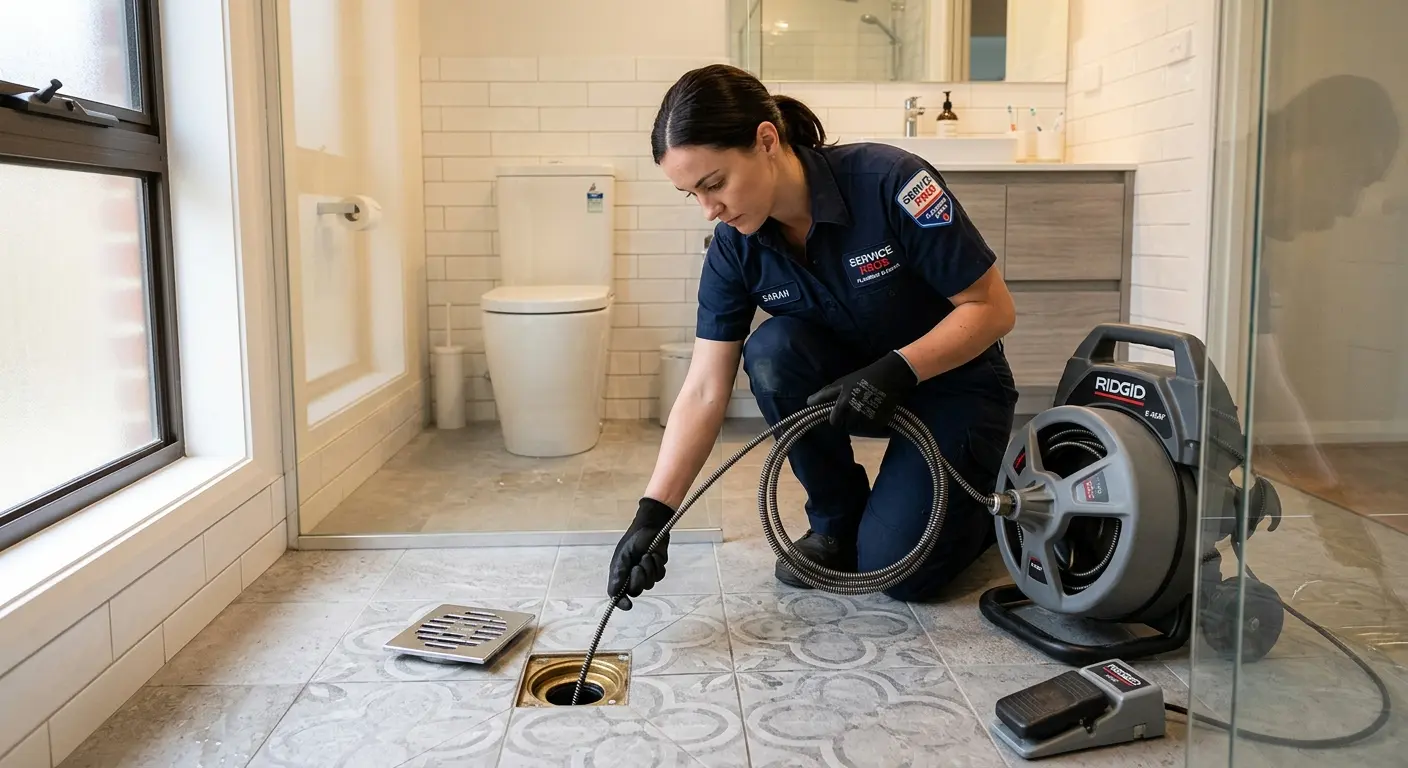 Technician clearing a bathroom floor drain for Clogged Drain Repair in Streetsboro